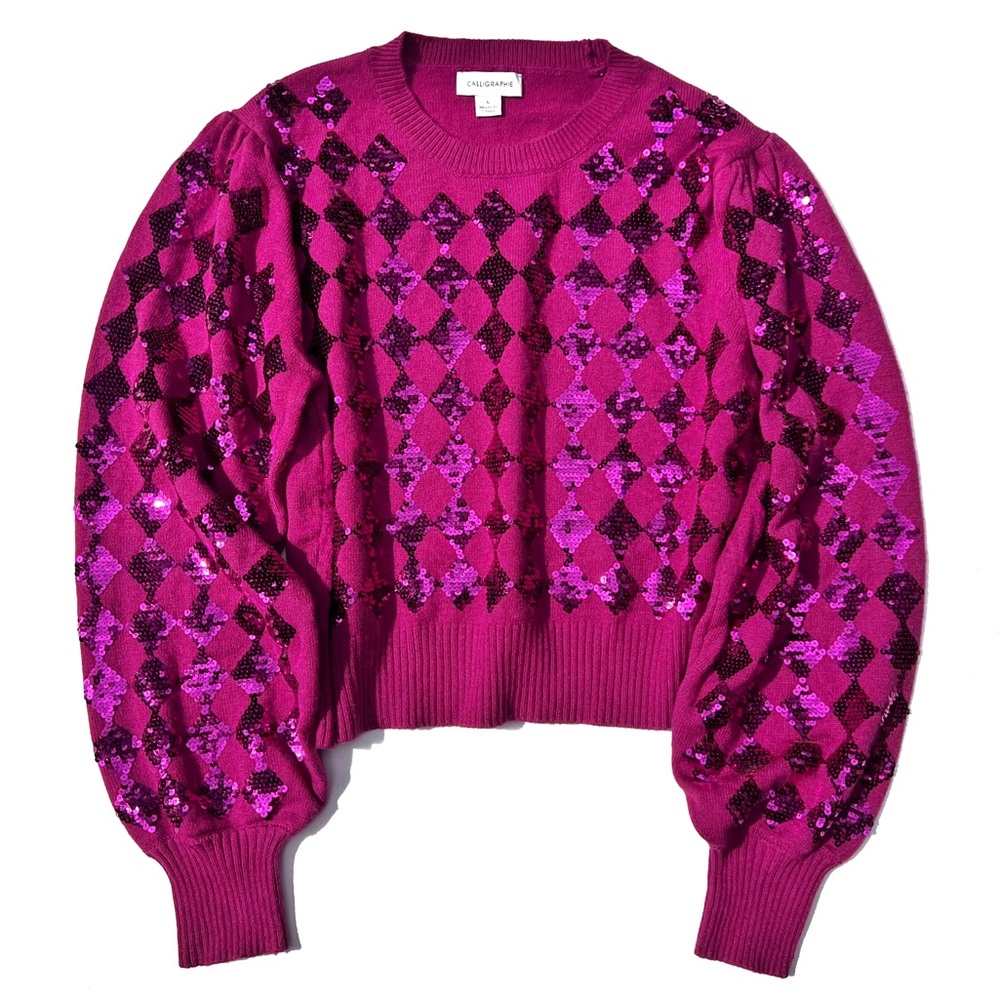 Calligraphie Fuchsia Pink Argyle Sequin Puff Sleeve Sweater